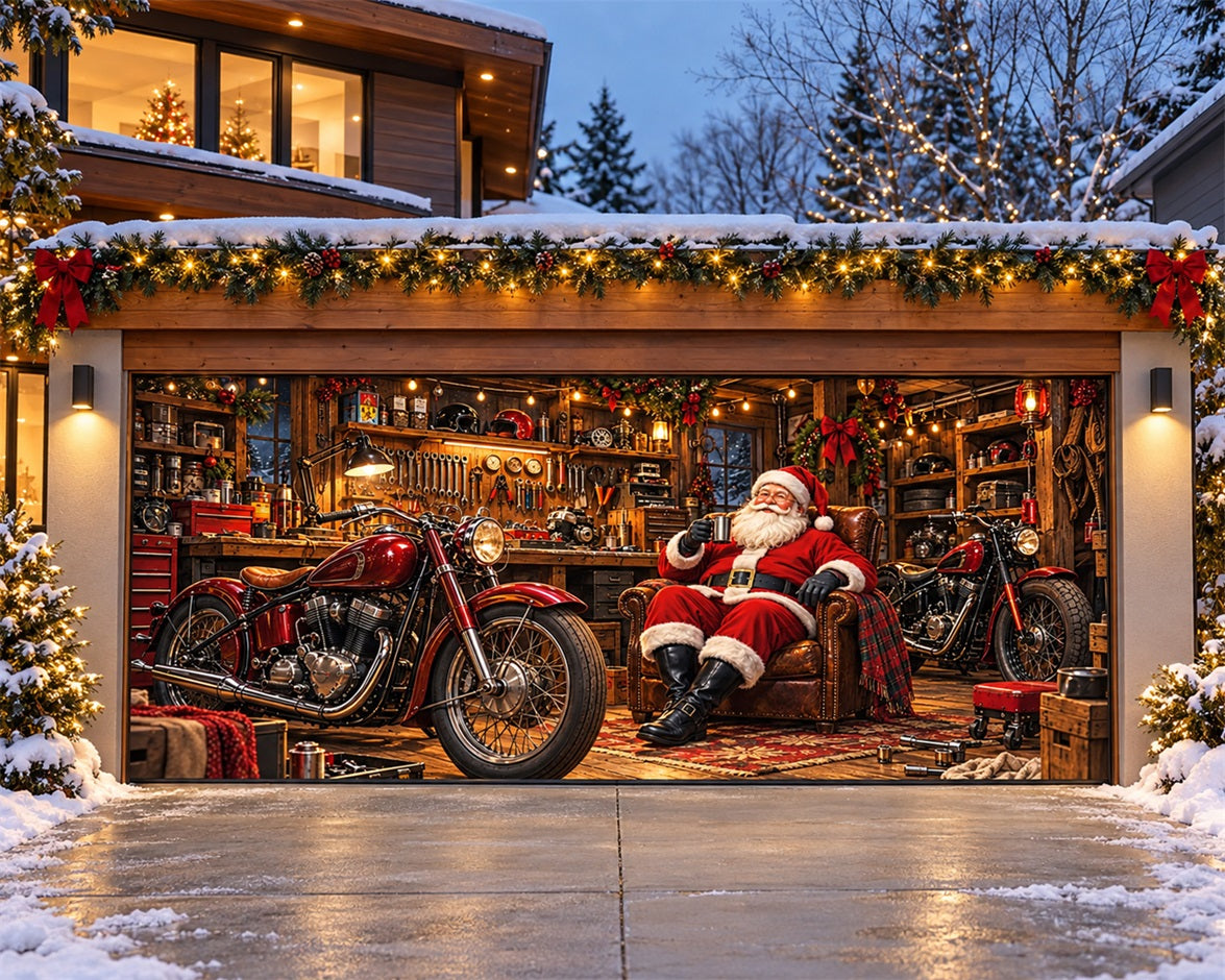 Santa Christmas Garage Door Cover Red Motorcycle Workshop Christmas Garage Door Banner HQ610-16-2 Car