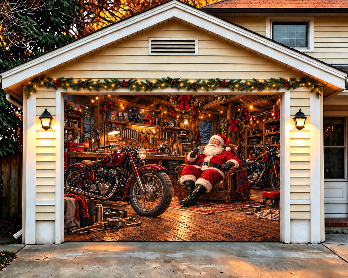 Santa Christmas Garage Door Cover Red Motorcycle Workshop Christmas Garage Door Banner HQ610-16-1 Car
