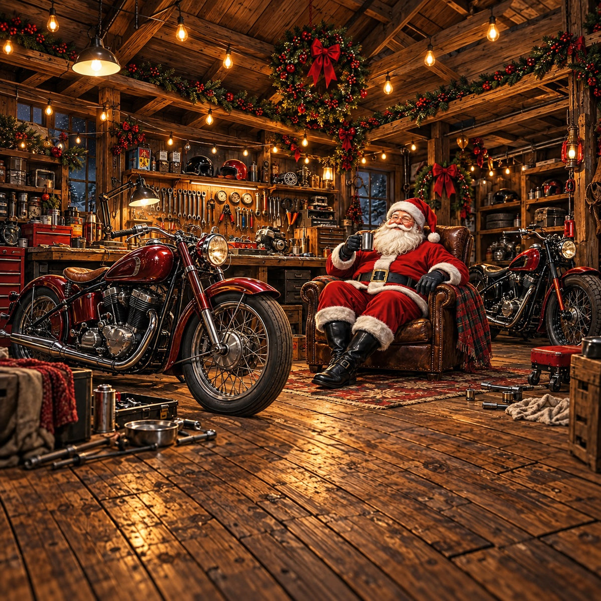 Santa Christmas Garage Door Cover Red Motorcycle Workshop Christmas Garage Door Banner HQ610-16-1 Car