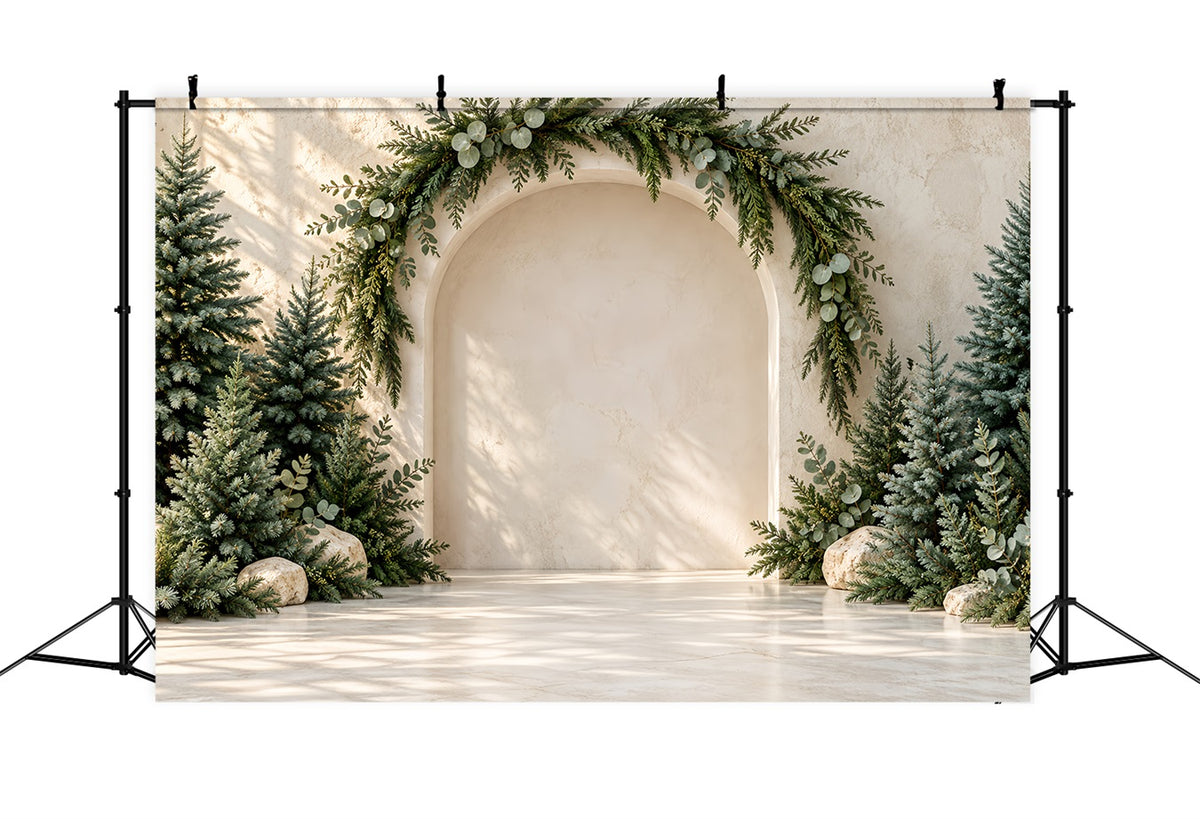 Photography Christmas Tree Backdrop Sunlit Evergreen Marble Arch Xmas Photo Backdrop HQ610-160
