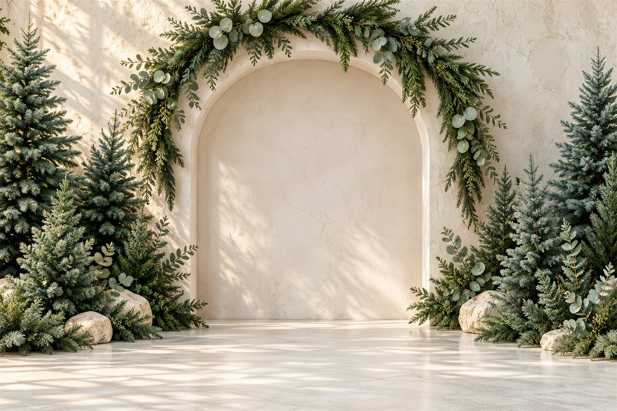 Photography Christmas Tree Backdrop Sunlit Evergreen Marble Arch Xmas Photo Backdrop HQ610-160