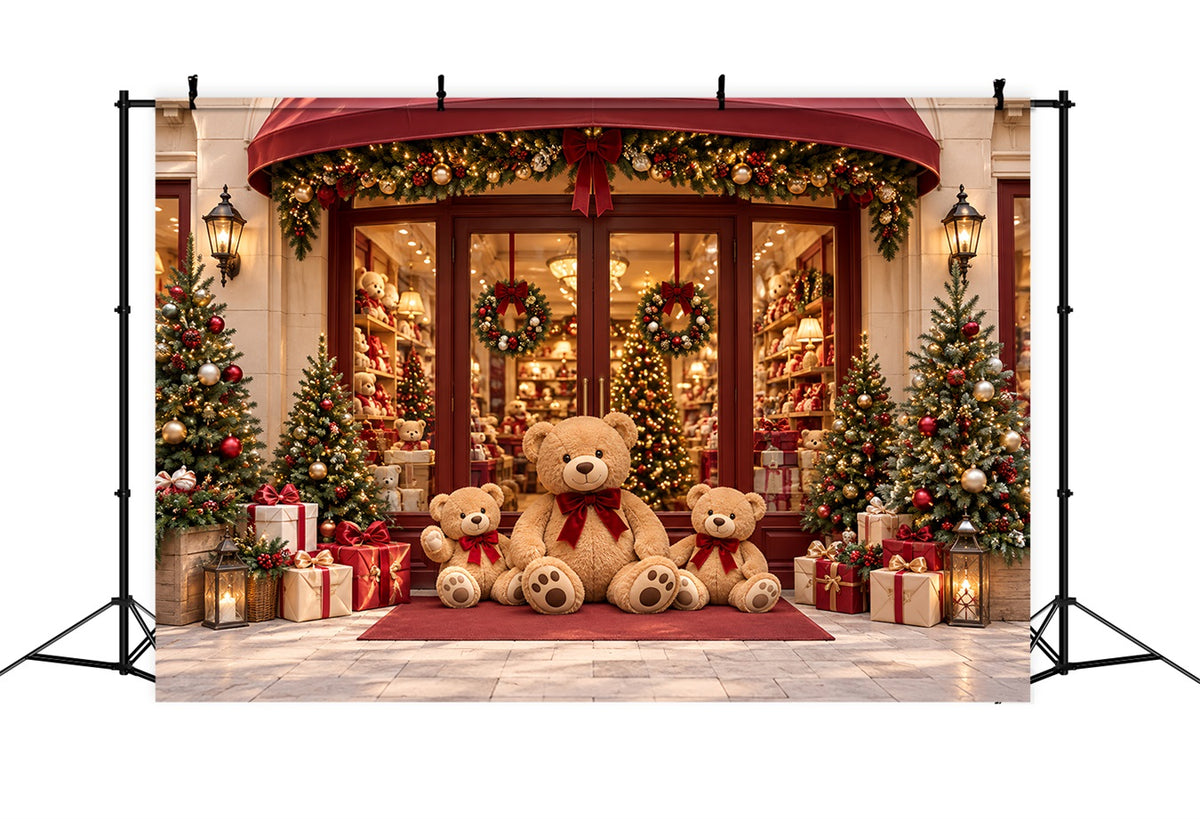 Christmas Store Backdrop Festive Teddy Bear Storefront Christmas Party Backdrops HQ610-161