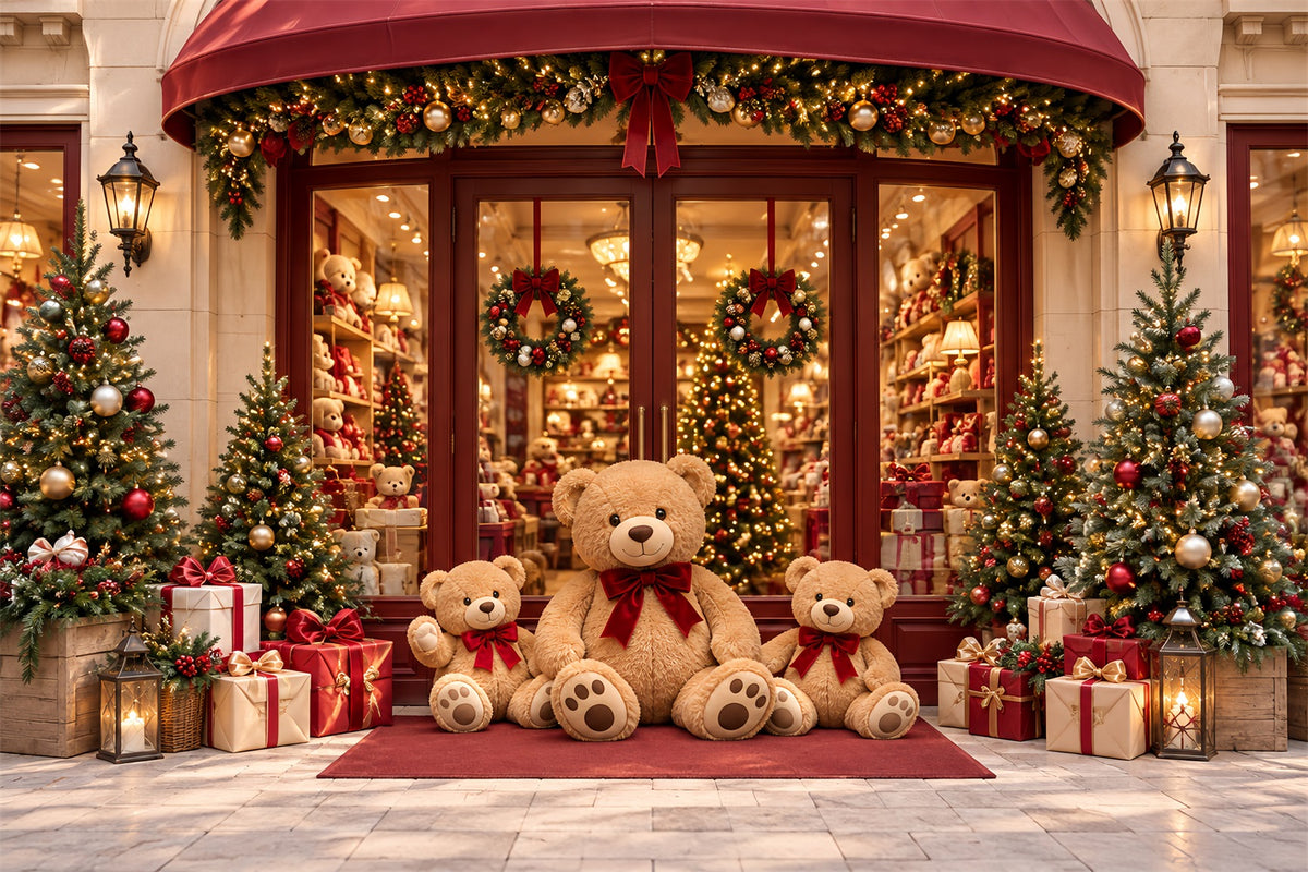 Christmas Store Backdrop Festive Teddy Bear Storefront Christmas Party Backdrops HQ610-161
