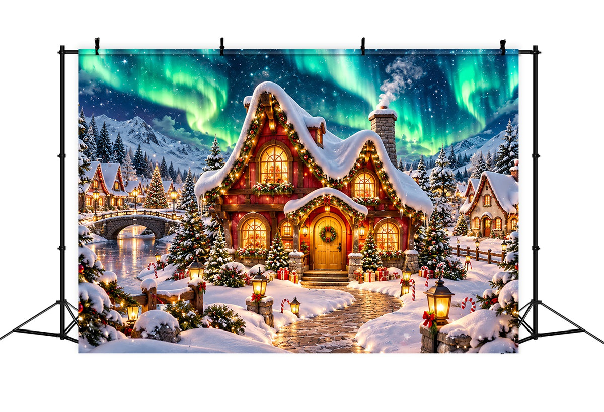 Christmas Elf Backdrop Glowing Aurora Snowy Cottage Christmas Photos Backdrop HQ610-162