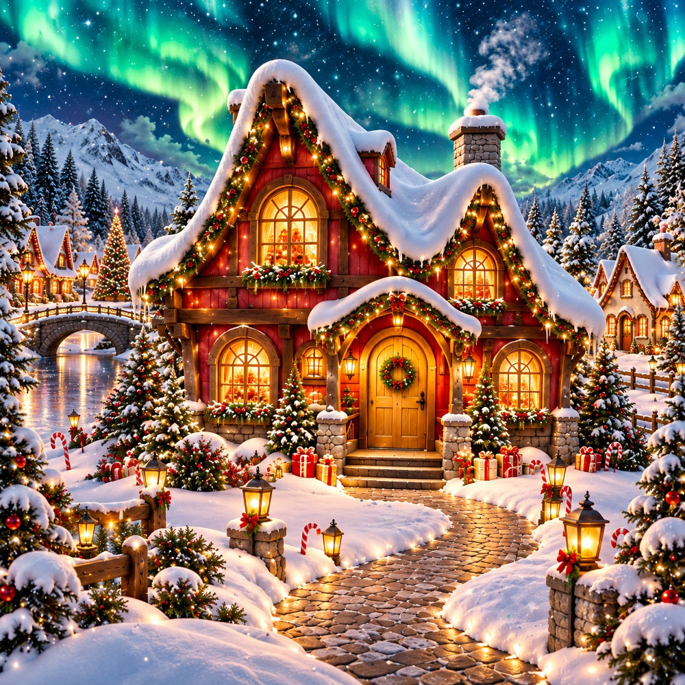 Christmas Elf Backdrop Glowing Aurora Snowy Cottage Christmas Photos Backdrop HQ610-162
