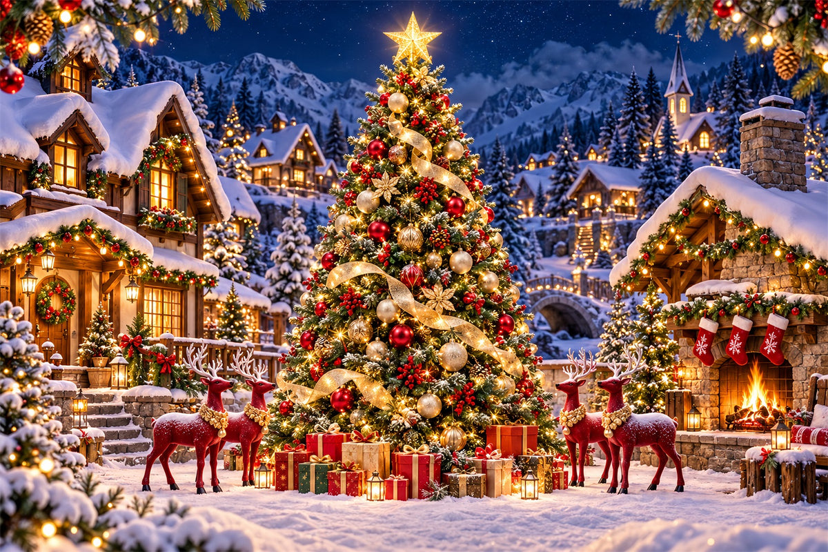 Retro Christmas Backdrop Reindeer Village Golden Tree Reindeer Photo Backdrop HQ610-165