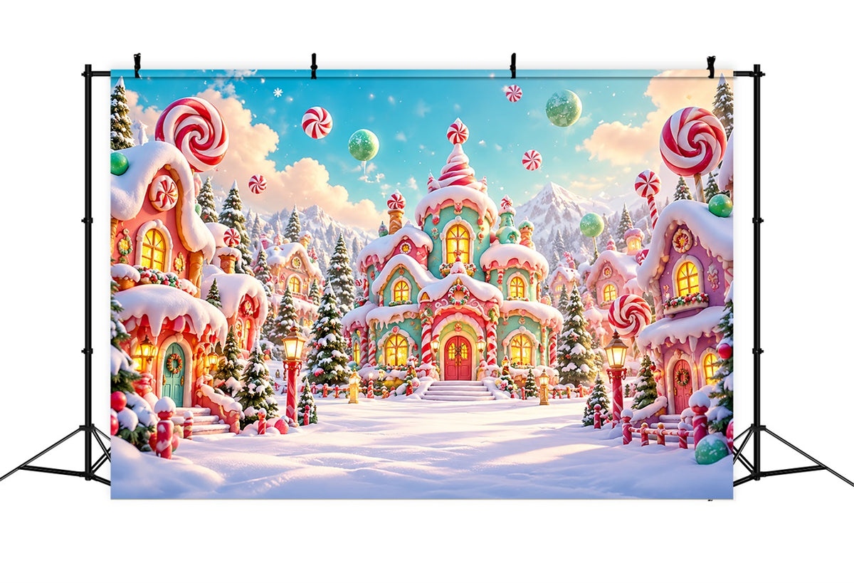 Candyland Christmas Backdrop Pastel Candy Cottage Village Photography Christmas Backdrop HQ610-166