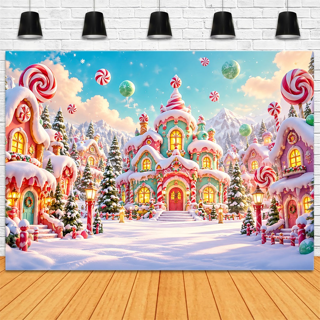 Candyland Christmas Backdrop Pastel Candy Cottage Village Photography Christmas Backdrop HQ610-166