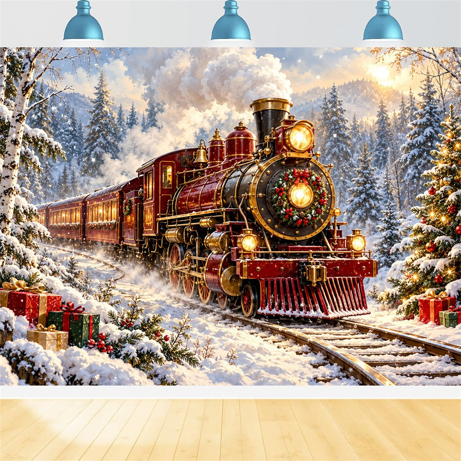 Professional Christmas Backdrop Burgundy Locomotive Snowy Forest Christmas Village Backdrop HQ610-167