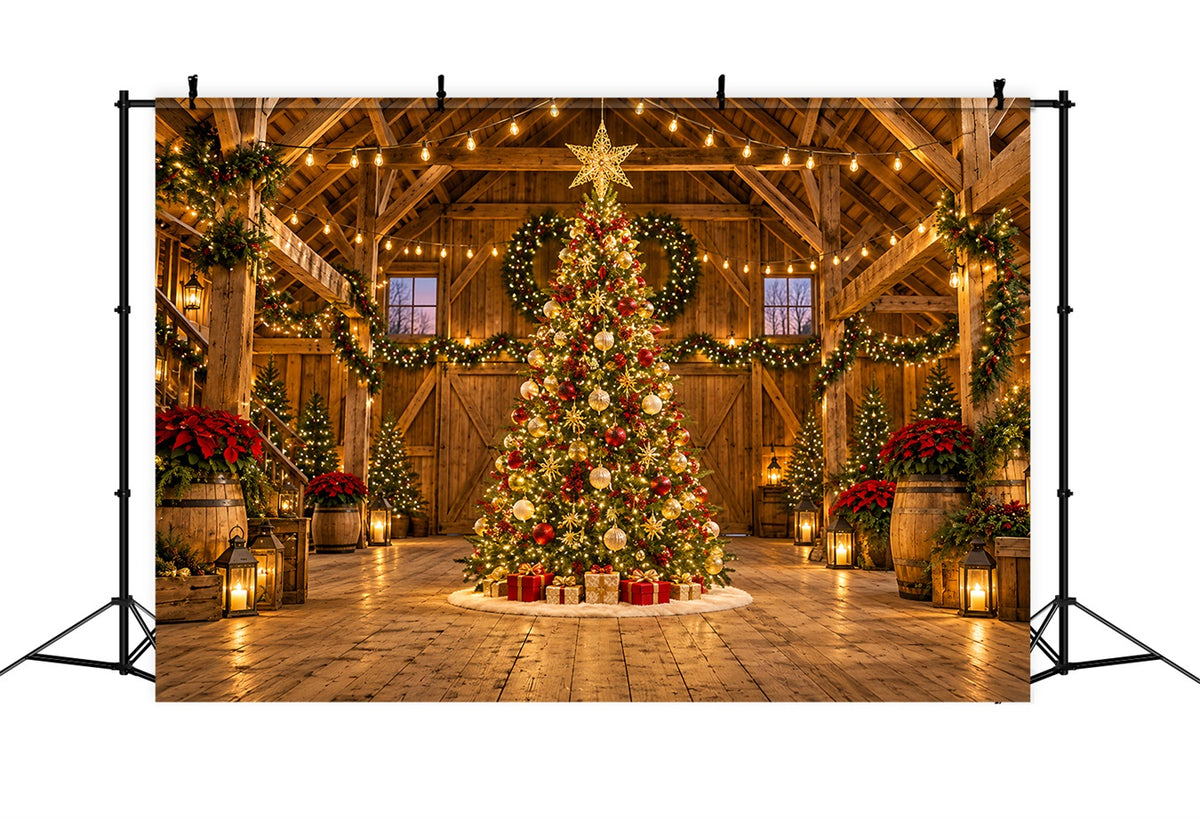 Christmas Lights Photo Backdrop Rustic Barn Golden Tree Christmas Backdrop Pictures HQ610-169