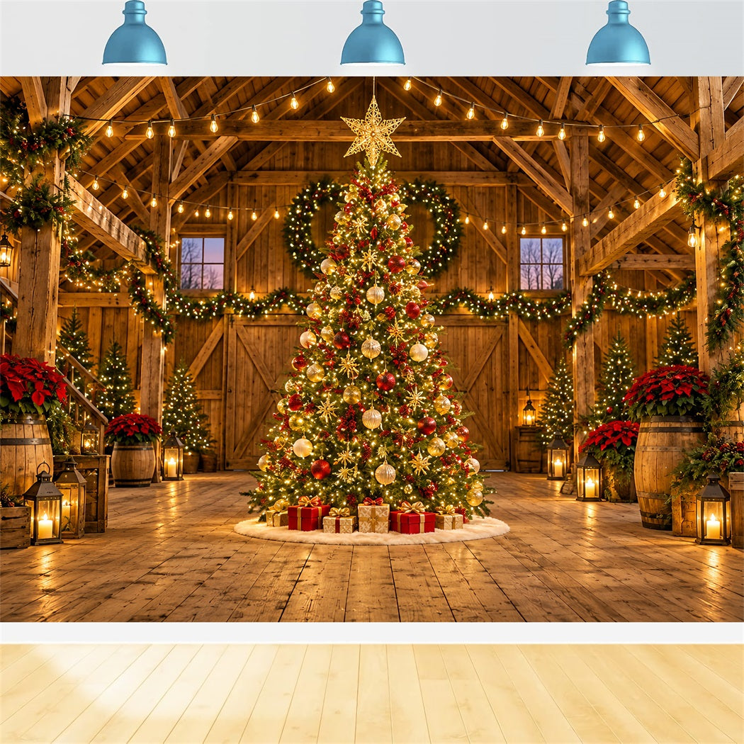Christmas Lights Photo Backdrop Rustic Barn Golden Tree Christmas Backdrop Pictures HQ610-169