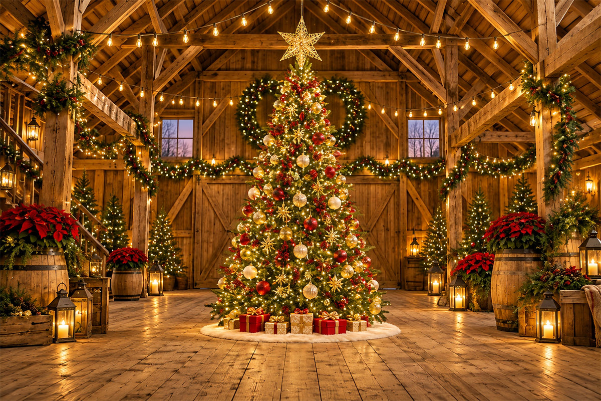 Christmas Lights Photo Backdrop Rustic Barn Golden Tree Christmas Backdrop Pictures HQ610-169
