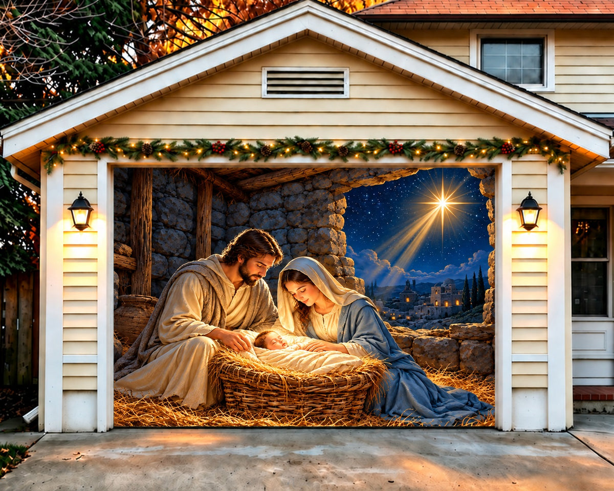 Religious Christmas Garage Door Cover Starry Nativity Manger Outdoor Christmas Garage Door Decoration HQ610-17-1 Car