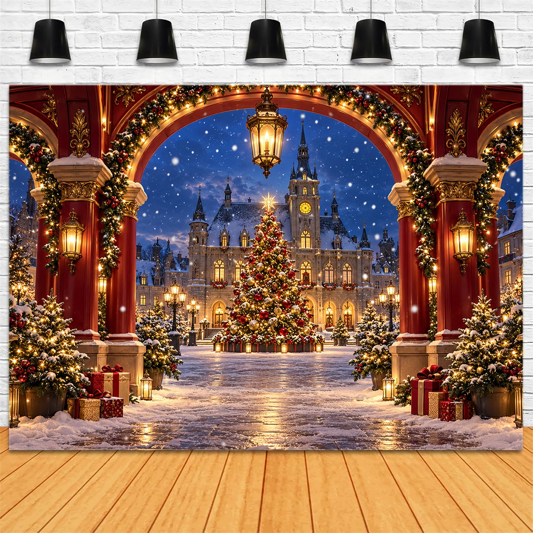 Christmas Arch Backdrop Crimson House Winter Village Christmas Party Picture Backdrop HQ610-170