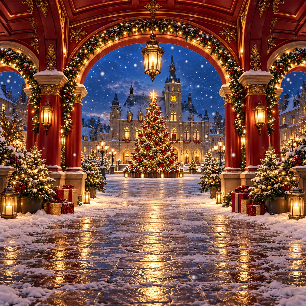 Christmas Arch Backdrop Crimson House Winter Village Christmas Party Picture Backdrop HQ610-170