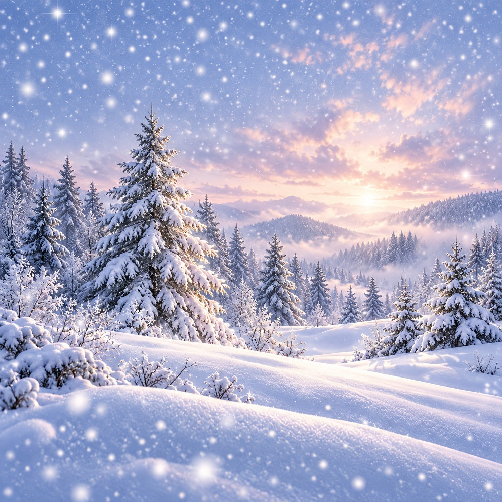 Christmas Tree Backdrops Snowy Pines Forest Sunset Christmas Photoshoot Backdrops HQ610-171