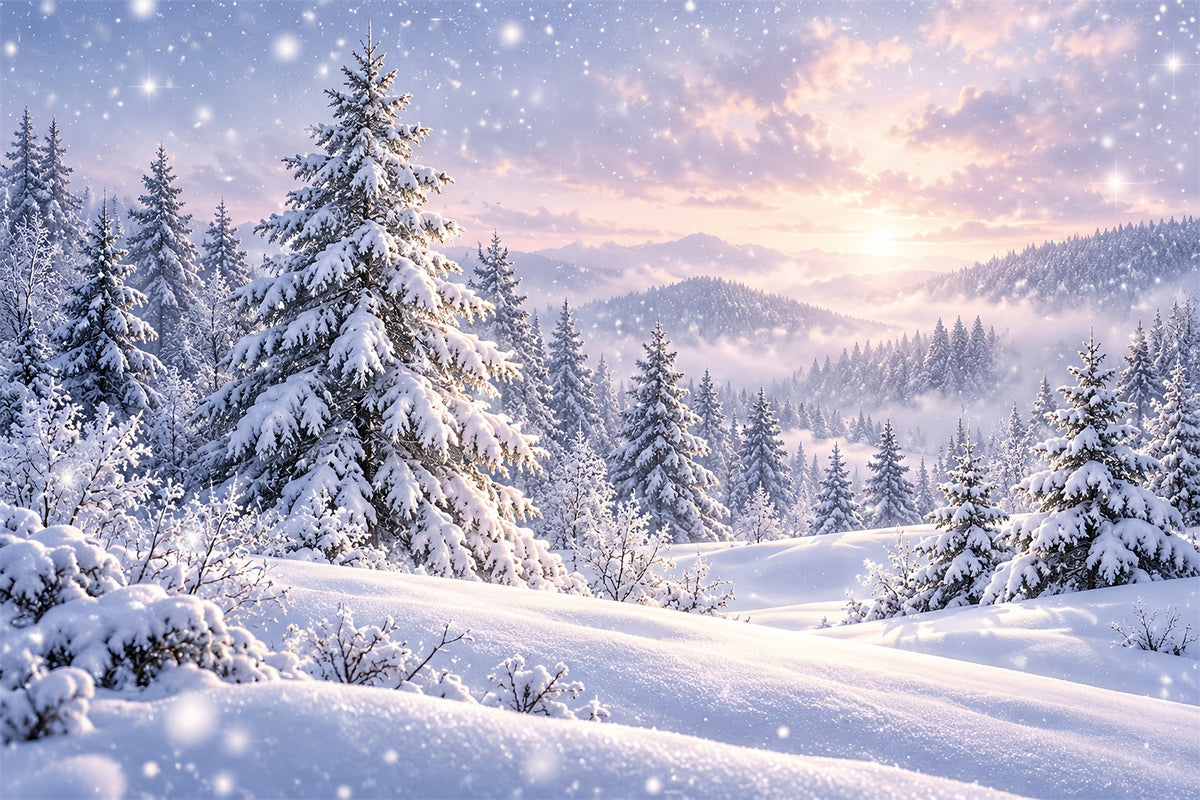 Christmas Tree Backdrops Snowy Pines Forest Sunset Christmas Photoshoot Backdrops HQ610-171