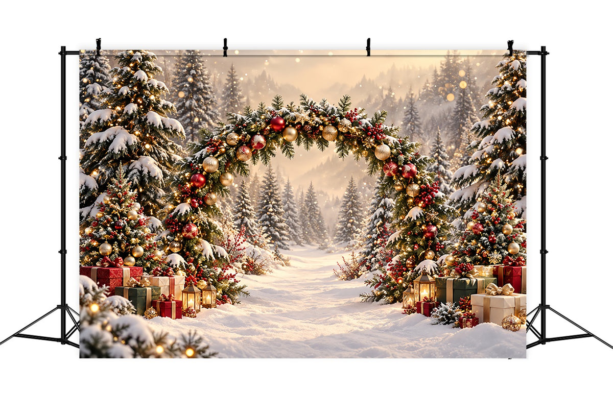 Christmas Backdrop Arch Golden Lights Evergreen Archway Christmas Pictures Backdrop HQ610-174