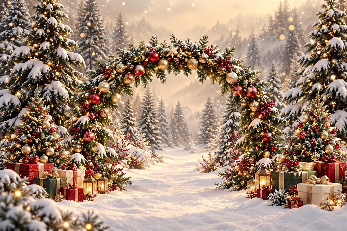 Christmas Backdrop Arch Golden Lights Evergreen Archway Christmas Pictures Backdrop HQ610-174