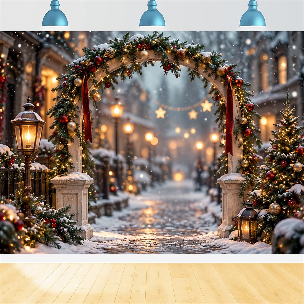 Christmas Lights Photo Backdrop Snowy Evergreen Lantern Arch Christmas Photo Wall Backdrop HQ610-175