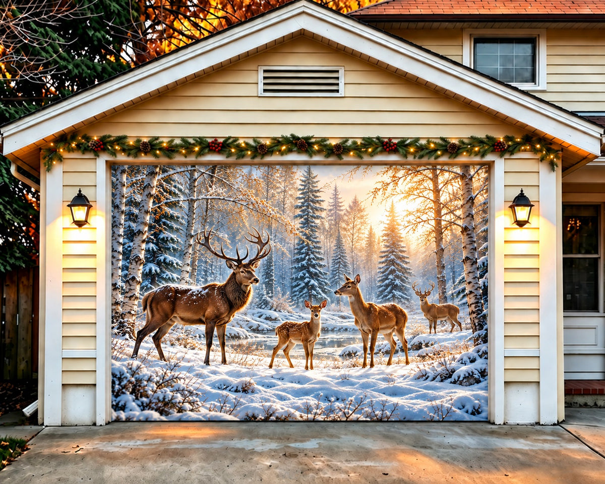 Reindeer Christmas Garage Door Cover Snowy Deer Forest Outdoor Christmas Garage Door Cover HQ610-18-1 Car