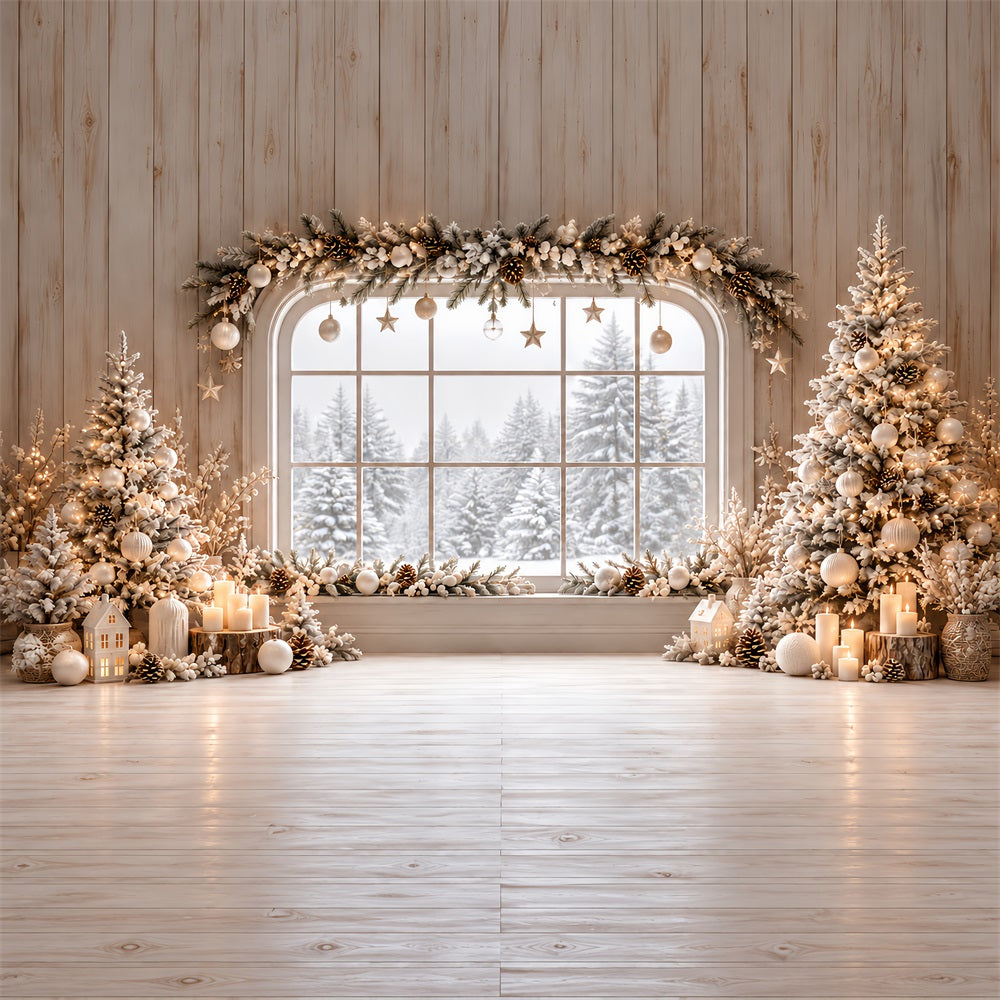 Christmas Window Backdrops Ivory Winter Cabin Garland Christmas Backdrop Wall HQ610-180