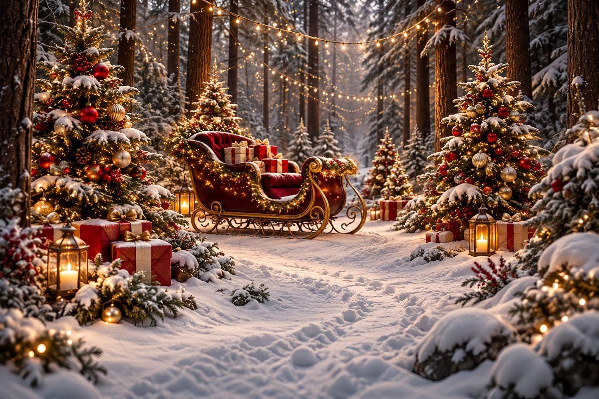 Christmas Tree Backdrops Festive Sleigh Forest Lanterns Christmas Backdrop for Stage HQ610-181