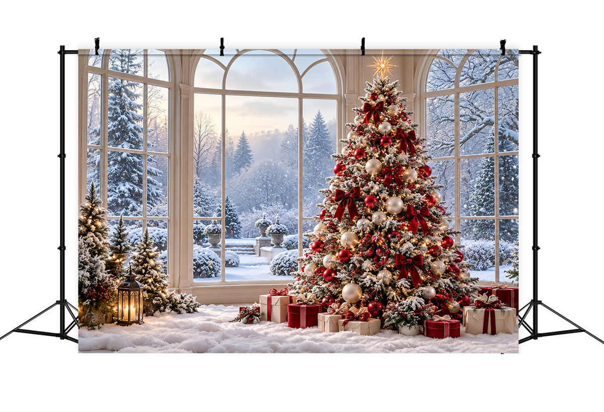 Christmas Forest Backdrop Snowy Window Decorated Tree Christmas Backdrop for Photo HQ610-183