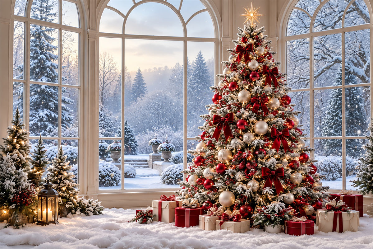 Christmas Forest Backdrop Snowy Window Decorated Tree Christmas Backdrop for Photo HQ610-183