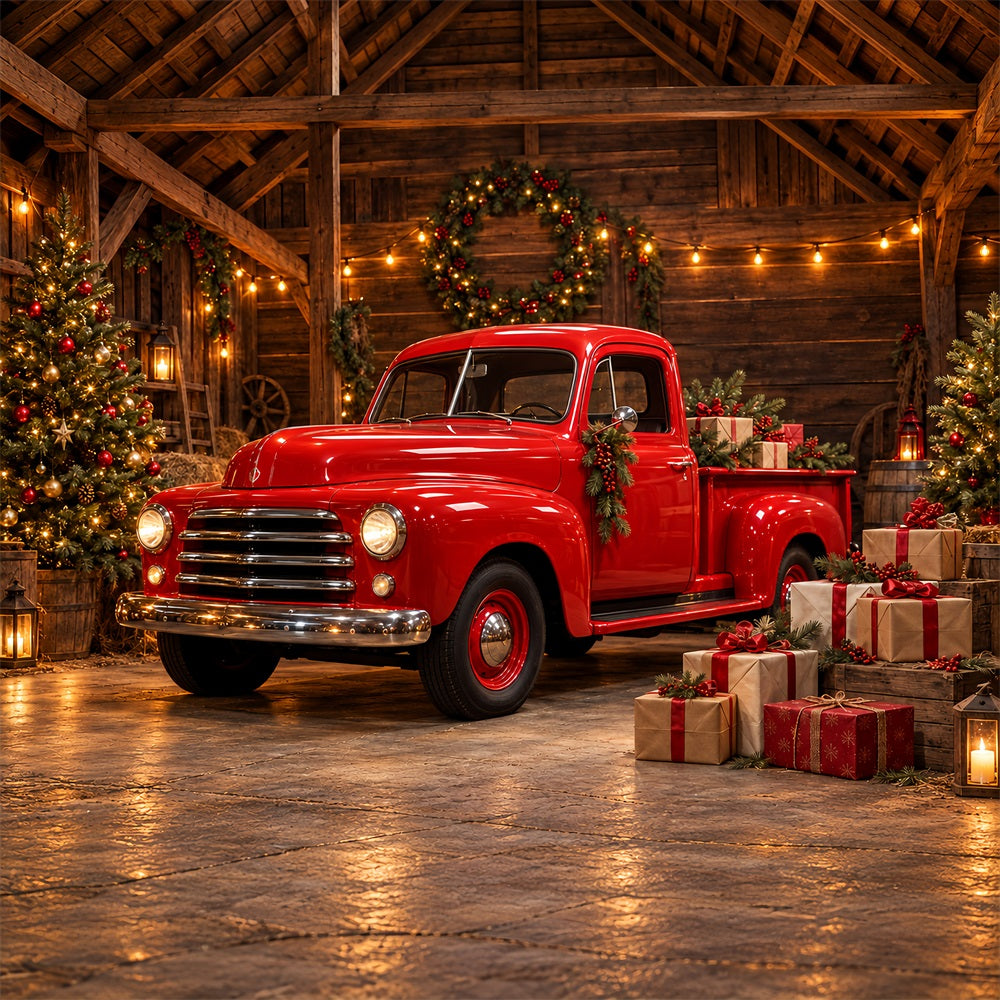 Christmas Photography Backdrop Vintage Red Truck Barn Merry Christmas Backdrops HQ610-184