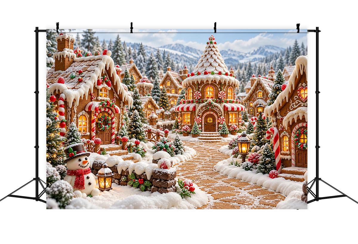 Christmas Gingerbread Backdrop Snowy Candy Cottage Village Christmas Backdrop Picture HQ610-185