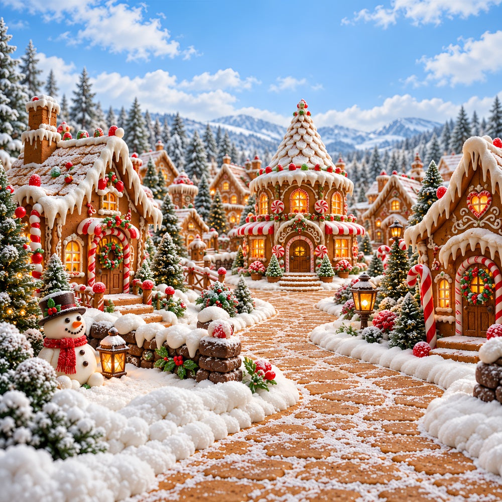 Christmas Gingerbread Backdrop Snowy Candy Cottage Village Christmas Backdrop Picture HQ610-185
