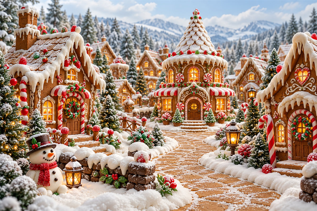 Christmas Gingerbread Backdrop Snowy Candy Cottage Village Christmas Backdrop Picture HQ610-185