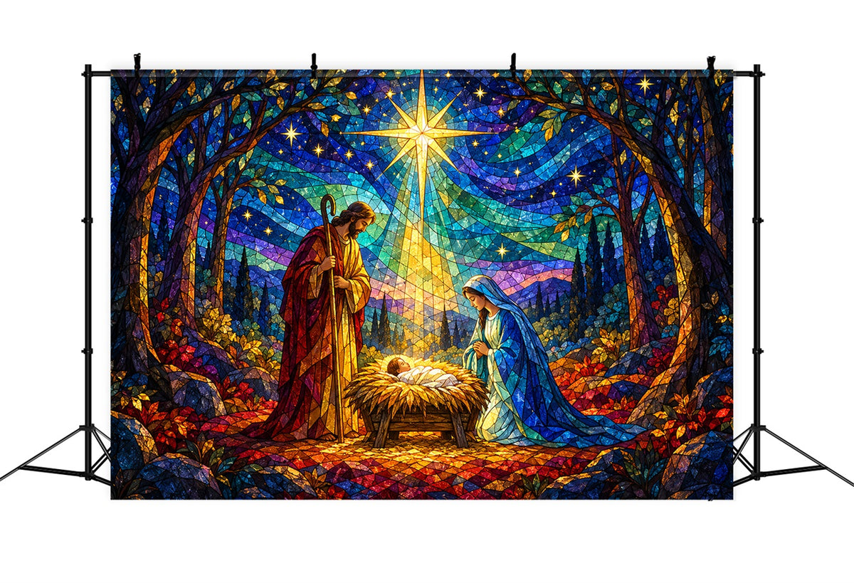 Nativity Scene Backdrop Stained Glass Bethlehem Star Christmas Backdrop Sale HQ610-187