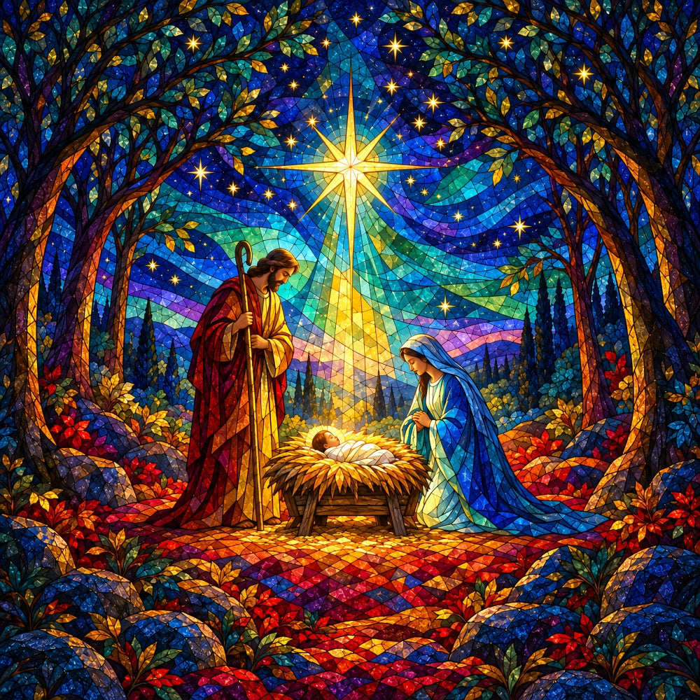 Nativity Scene Backdrop Stained Glass Bethlehem Star Christmas Backdrop Sale HQ610-187