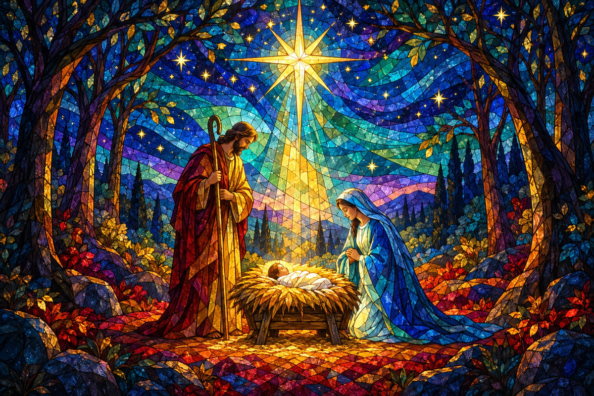 Nativity Scene Backdrop Stained Glass Bethlehem Star Christmas Backdrop Sale HQ610-187