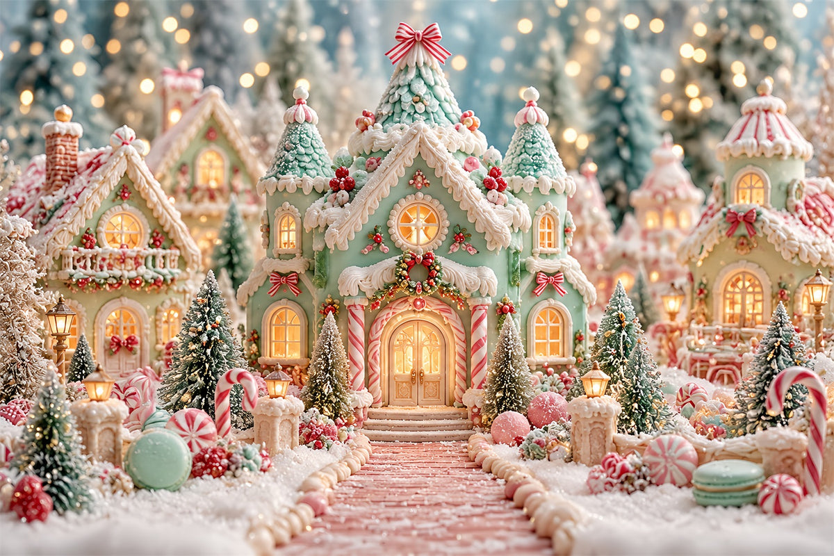 Gingerbread House Photo Backdrop Pastel Candyland Village Christmas Party Backdrop Ideas HQ610-188