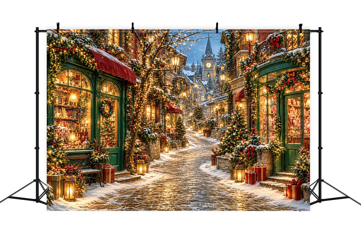 Christmas Village Backdrops Snowy Lantern Street Shop Backdrops for Christmas Photos HQ610-189