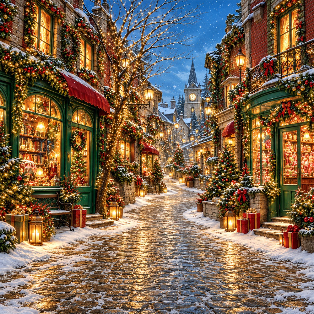 Christmas Village Backdrops Snowy Lantern Street Shop Backdrops for Christmas Photos HQ610-189