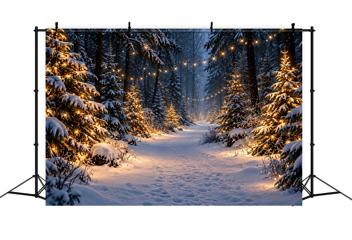 Christmas Tree Farm Photo Backdrop Glowing Snowy Forest Path Photography Backdrop Christmas HQ610-190