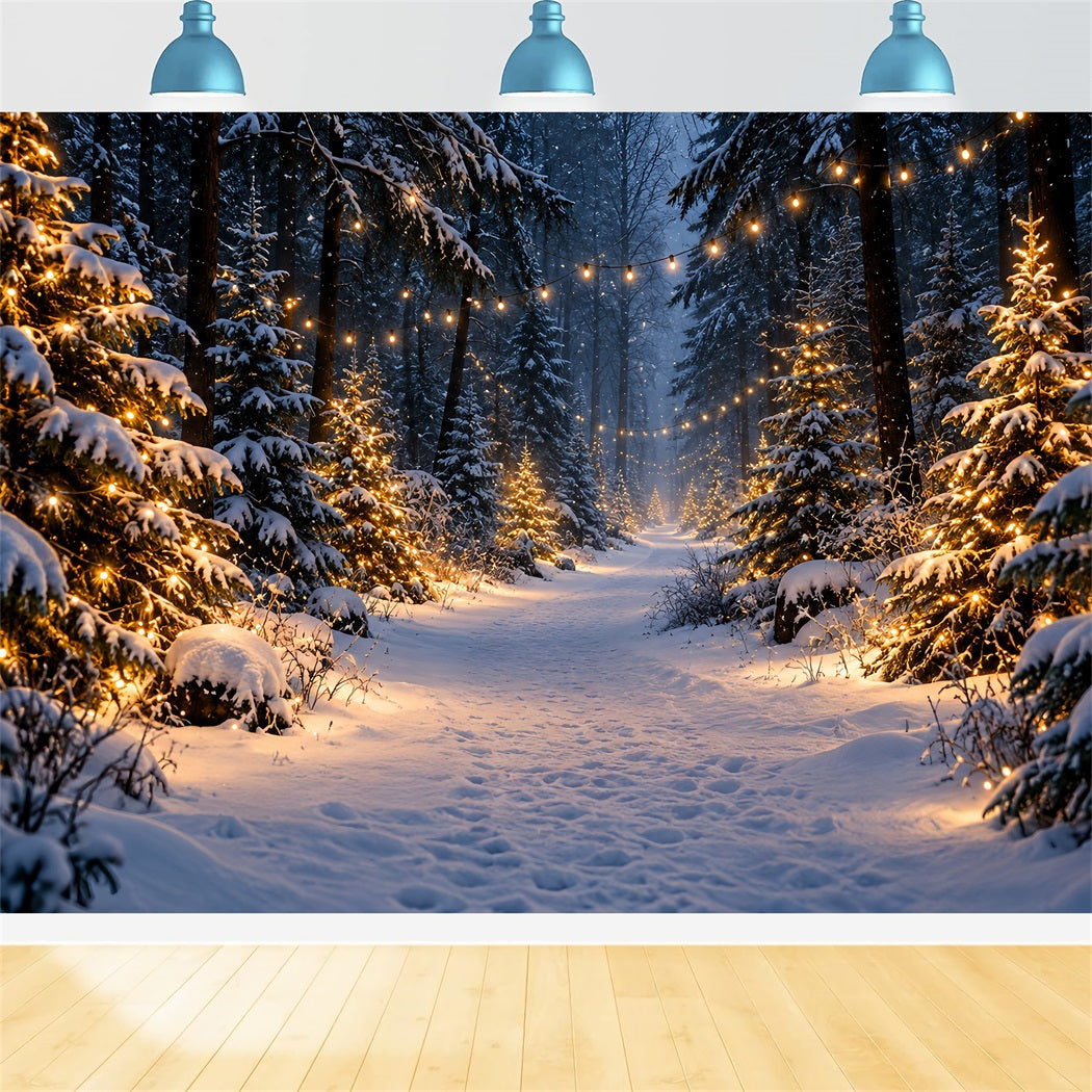 Christmas Tree Farm Photo Backdrop Glowing Snowy Forest Path Photography Backdrop Christmas HQ610-190