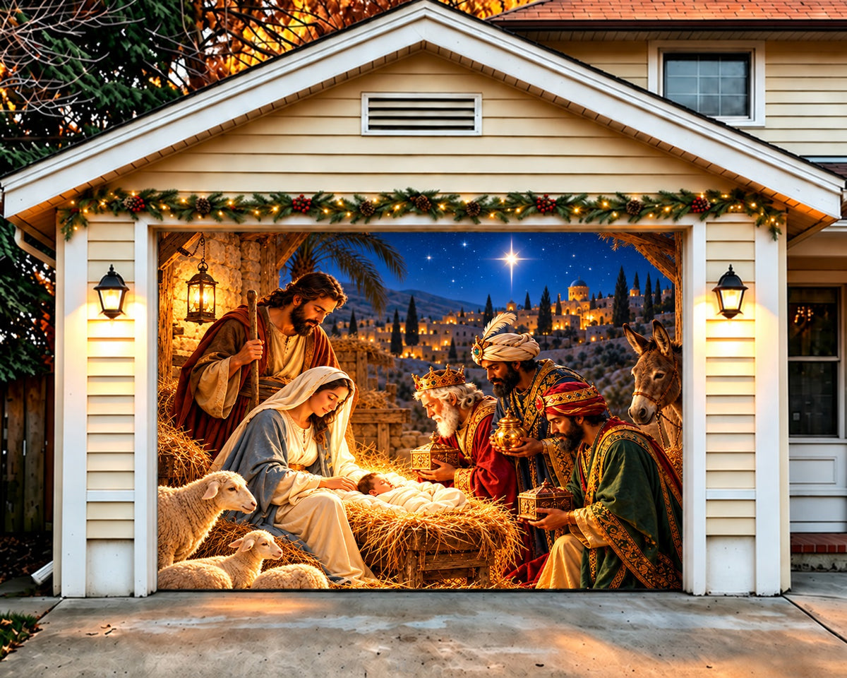 Nativity Christmas Garage Door Cover Three Kings Starry Christmas Garage Door Decoration HQ610-23-1 Car