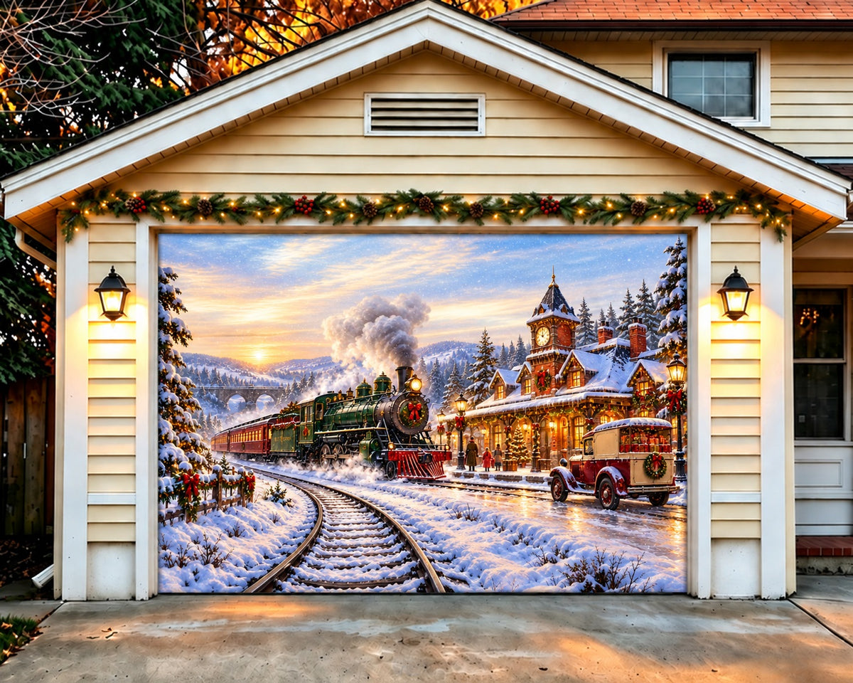 Train Christmas Garage Door Cover Snowy Truck Village Christmas Garage Door Banner Decoration HQ610-3-2 Car