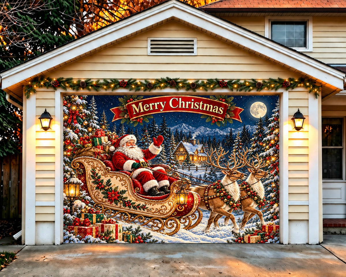 Winter Christmas Garage Door Cover Reindeer Sleigh Village Christmas Garage Door Cover HQ610-31-1 Car