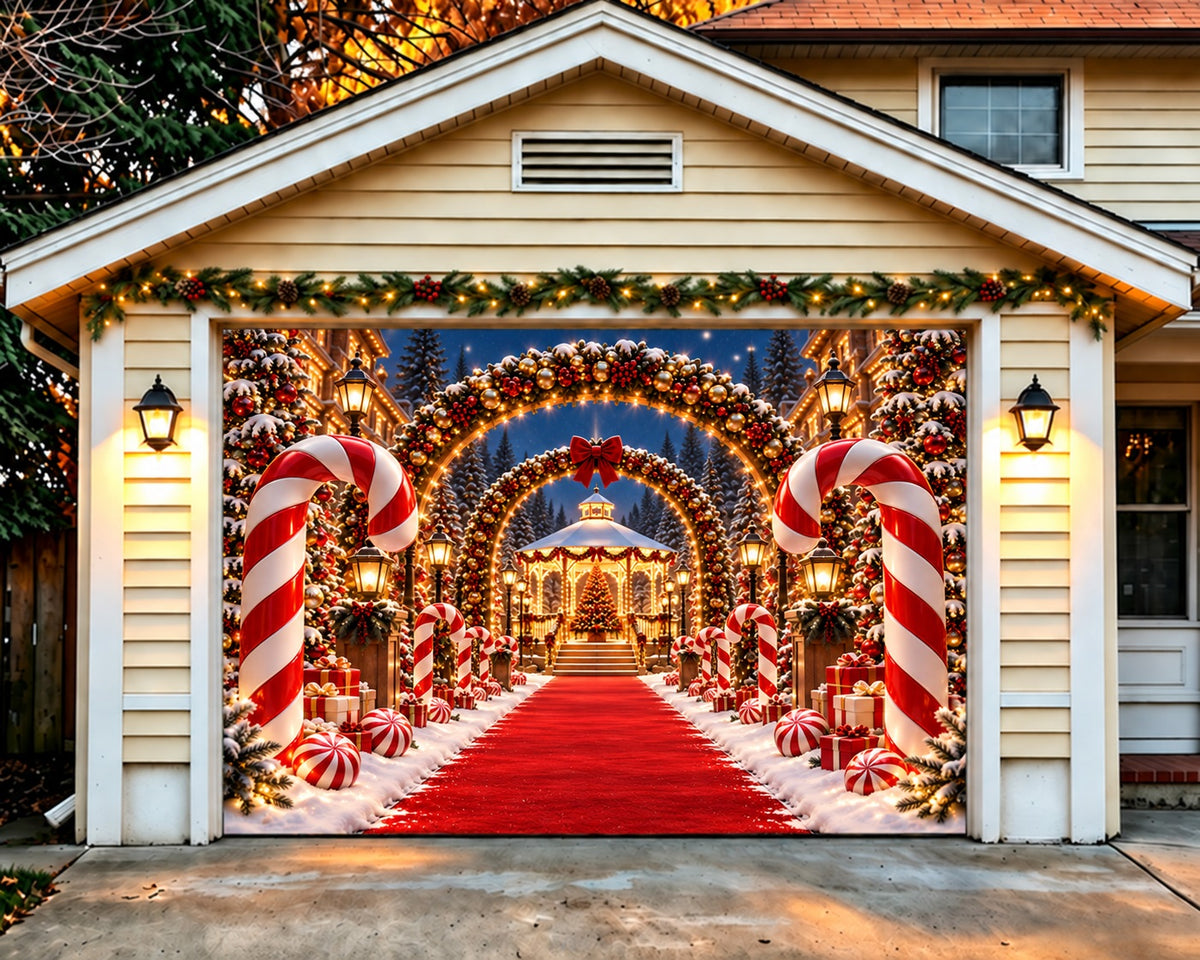 Candy Cane Christmas Garage Door Cover Red Carpet Archway Christmas Garage Door Decor HQ610-33-1 Car