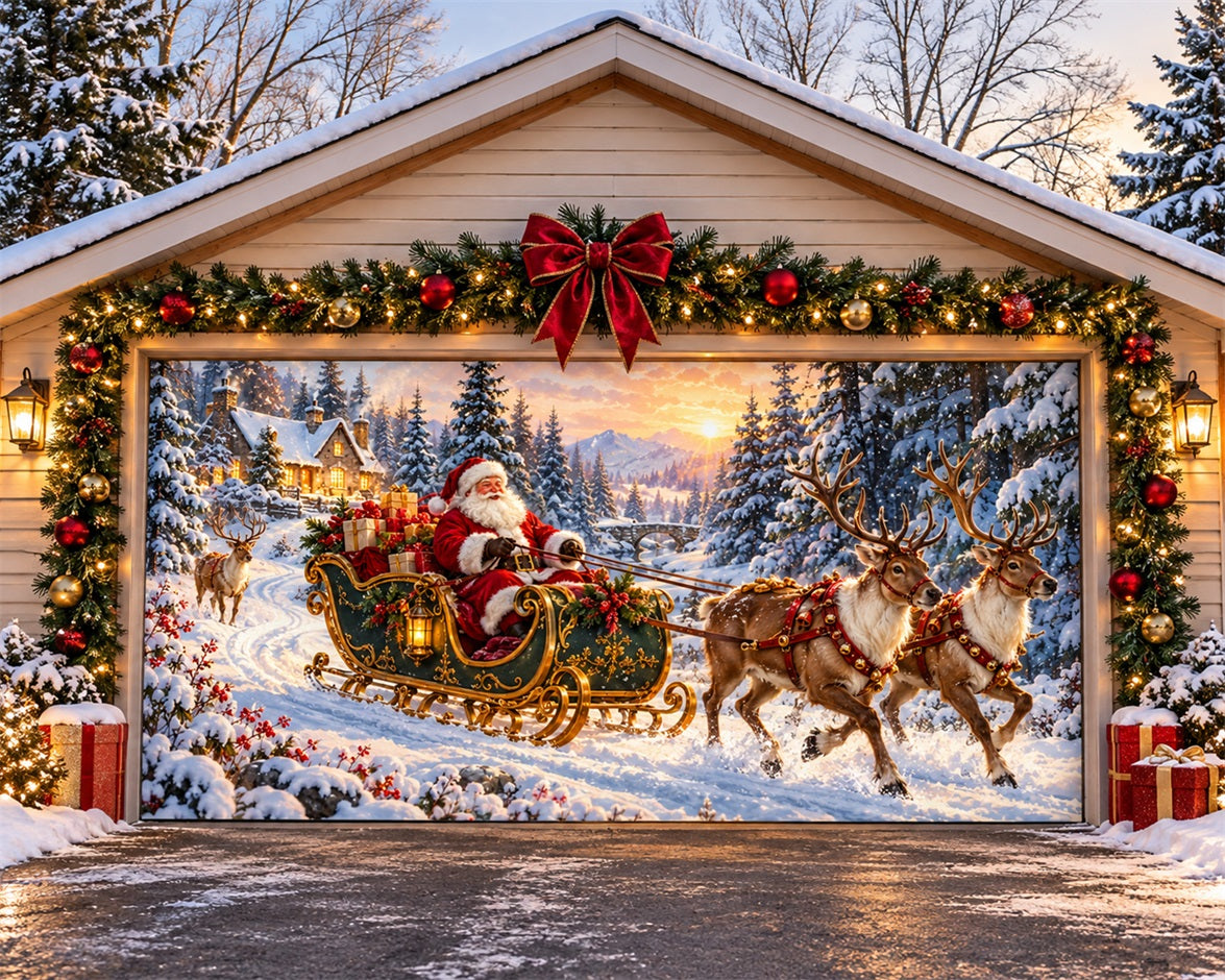 Snow Christmas Garage Door Cover Santa Reindeer Sleigh Christmas Garage Door Banner HQ610-34-2 Car