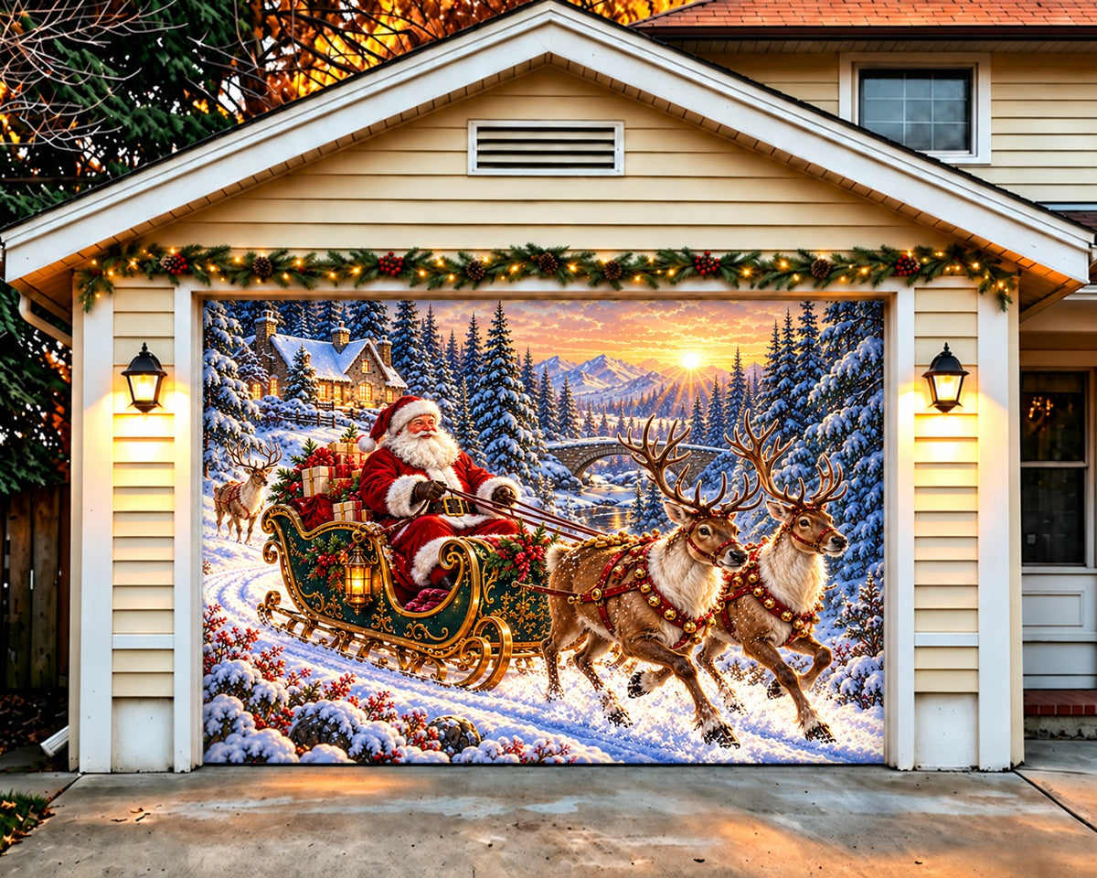 Snow Christmas Garage Door Cover Santa Reindeer Sleigh Christmas Garage Door Banner HQ610-34-1 Car