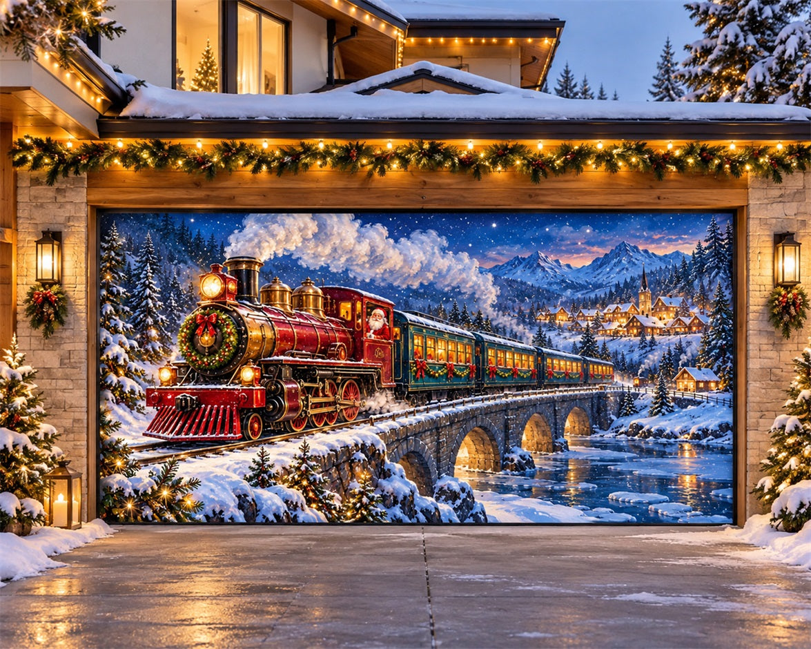 Train Christmas Garage Door Cover Snow Forest Bridge Outdoor Christmas Garage Door Cover HQ610-36-2 Car