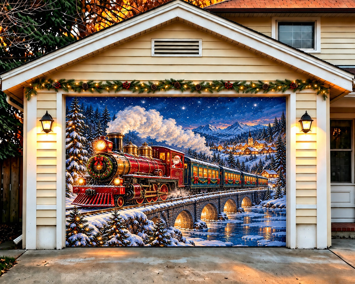 Train Christmas Garage Door Cover Snow Forest Bridge Outdoor Christmas Garage Door Cover HQ610-36-1 Car