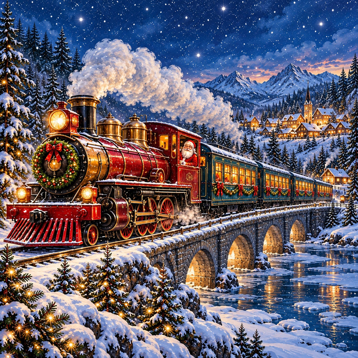 Train Christmas Garage Door Cover Snow Forest Bridge Outdoor Christmas Garage Door Cover HQ610-36-1 Car